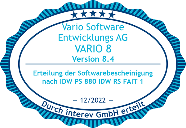 Siegel über die Konformität von VARIO 8 für GoBD und IDW PS 880