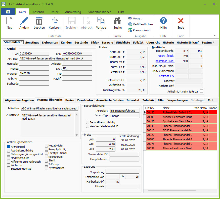 Screenshot der Artikelverwaltungsmaske mit pharmaspezifischen Daten aus der ABDA-Datenbank