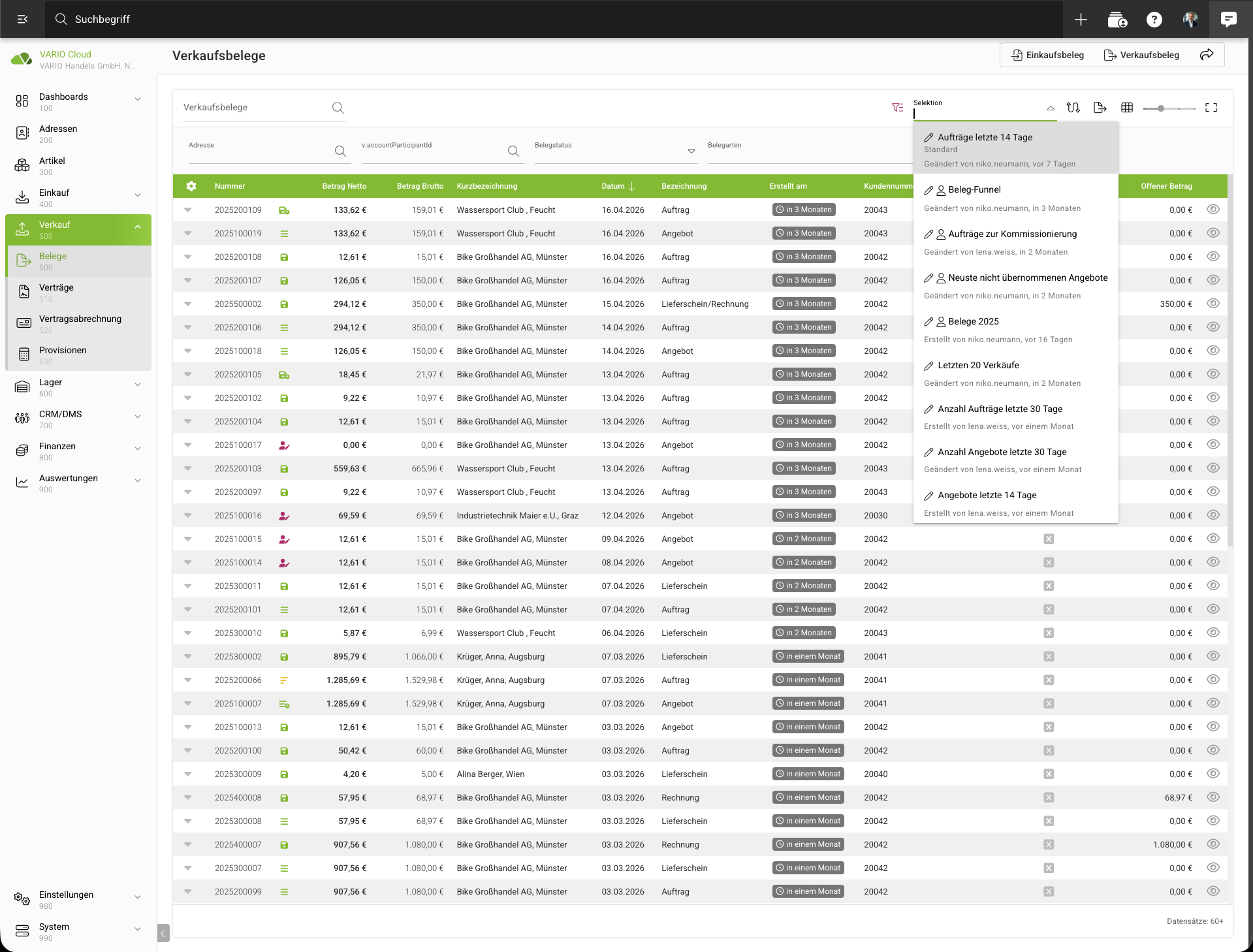 Screenshot eines Beleg&uuml;bersicht aus der VARIO Cloud