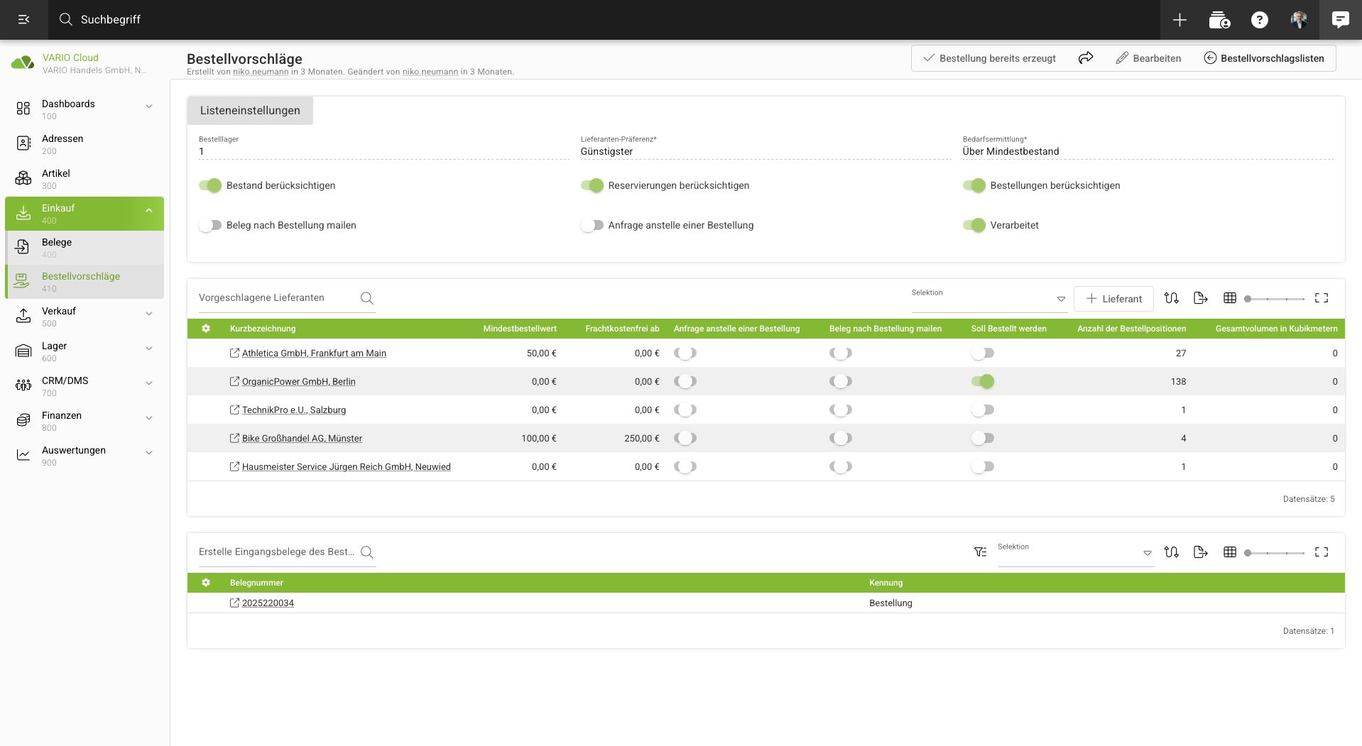 Screenshot eines Bestellvorschlag aus der VARIO Cloud