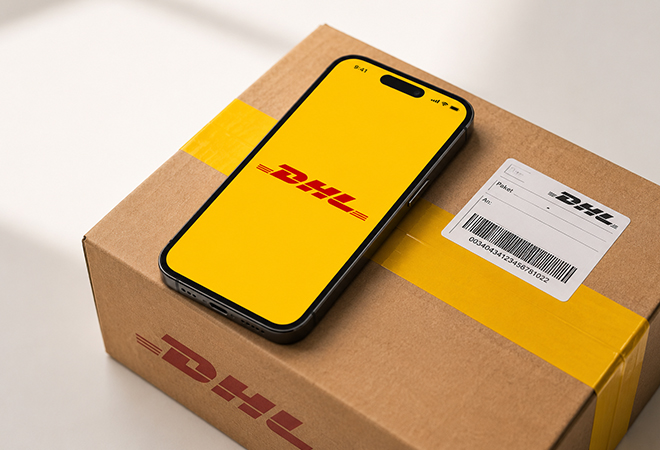 DHL App auf Smartphone mit Paketlabel zur Versandabwicklung in VARIO Cloud