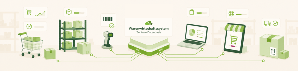 Illustration einer vernetzten Warenwirtschaft mit Einkauf, Lager, Barcode-Scanner, Verkauf, E-Commerce und Versand