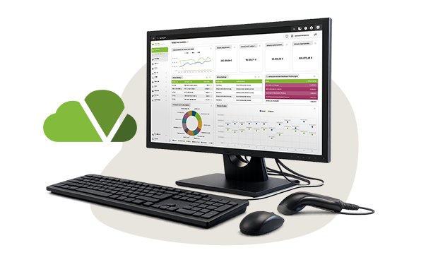 Monitor mit VARIO Screen, Tastatur, Scanner und Maus eines Schulungsarbeitsplatzes